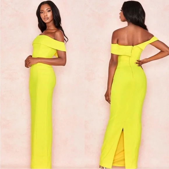 HOUSE OF CB 'Shelby' Yellow Crepe Off Shoulder Column Maxi Dress NWOT - Picture 4 of 5